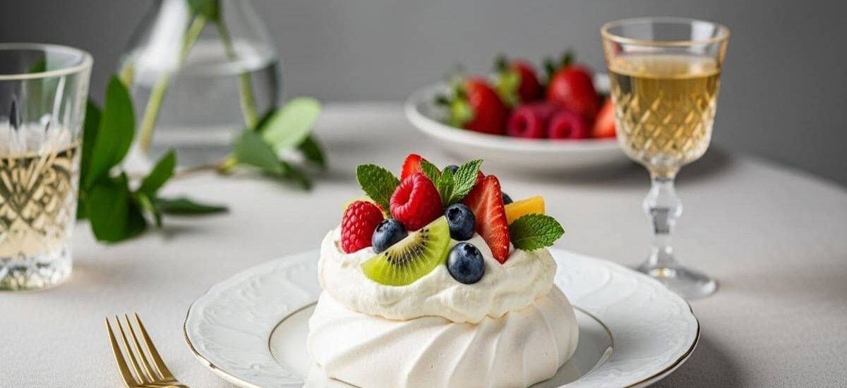 Pavlova Clássica crocante e cremosa decorada com frutas frescas — sobremesa leve e elegante