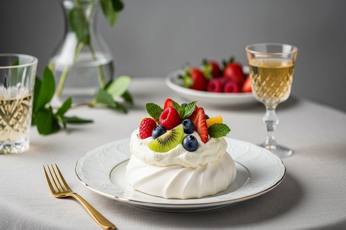 Pavlova Clássica crocante e cremosa decorada com frutas frescas — sobremesa leve e elegante