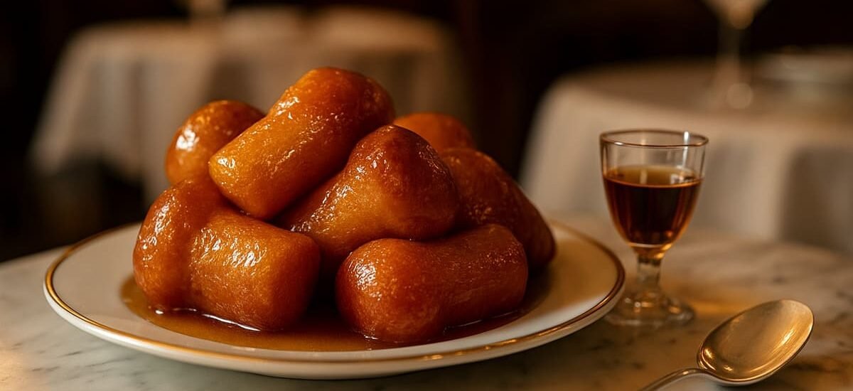 Babà al Rum dourado e úmido embebido em calda de rum e laranja, servido em prato de porcelana com chantilly e frutas frescas.