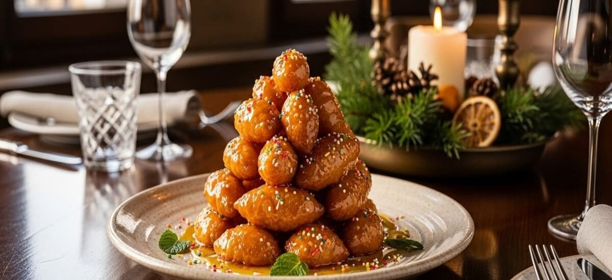 Struffoli italianos dourados com mel e confeitos — sobremesa tradicional napolitana de Natal