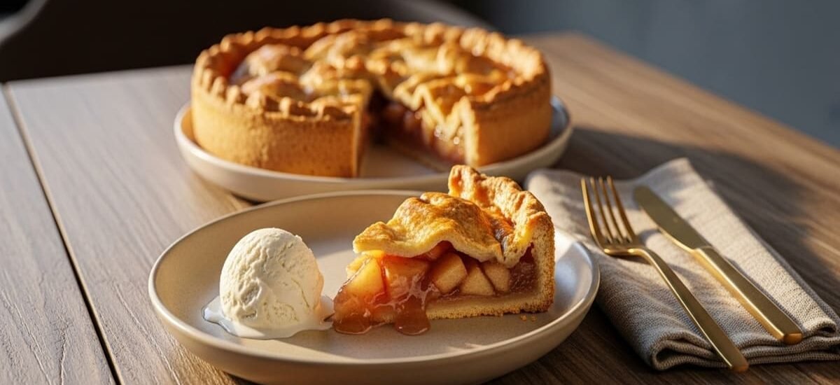 Torta de maçã tradicional com crosta dourada e recheio de maçãs com canela, servida morna com sorvete — Apple Pie clássica americana.