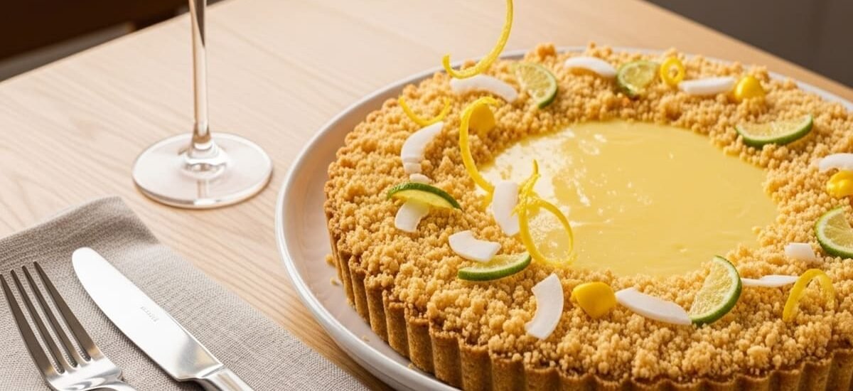 fatia de torta de limão cremosa com crumble de coco dourado servida em prato branco com raspas frescas de limão siciliano