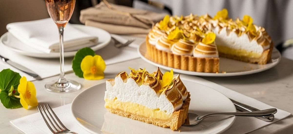 fatia de torta de limão clássica com merengue suíço dourado e base crocante sablée servida em prato branco de porcelana