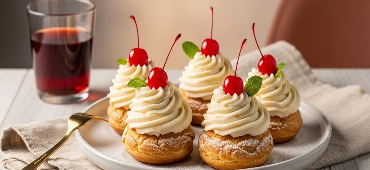doce italiano Zeppole di San Giuseppe com creme de baunilha e cereja Amarena servidos em prato de cerâmica com açúcar de confeiteiro
