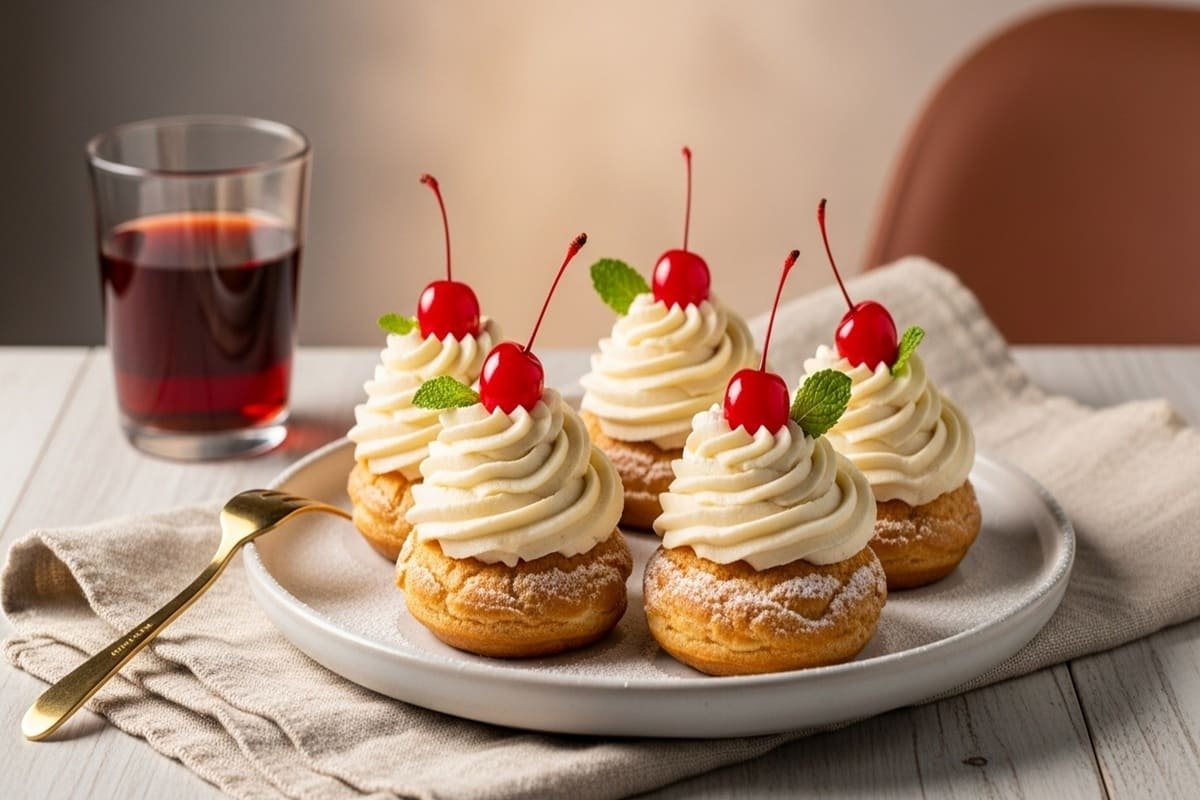 doce italiano Zeppole di San Giuseppe com creme de baunilha e cereja Amarena servidos em prato de cerâmica com açúcar de confeiteiro