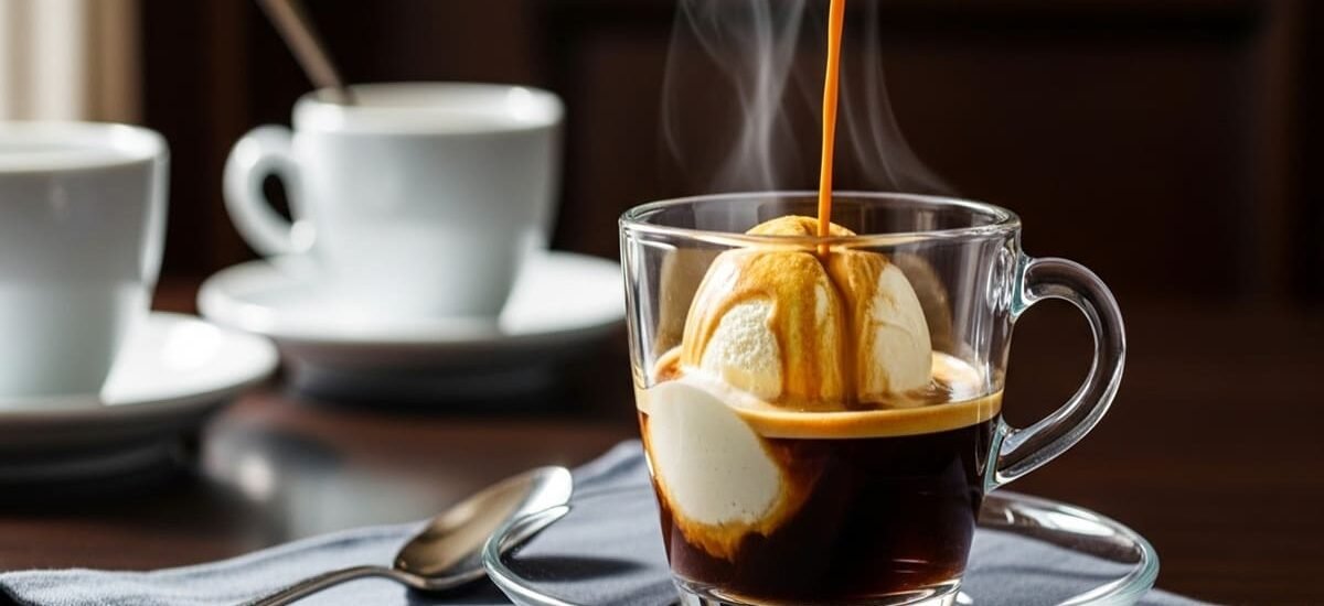 Sobremesa italiana affogato clássico com espresso derramado sobre sorvete de baunilha em taça de vidro, com fundo escuro e sofisticado.