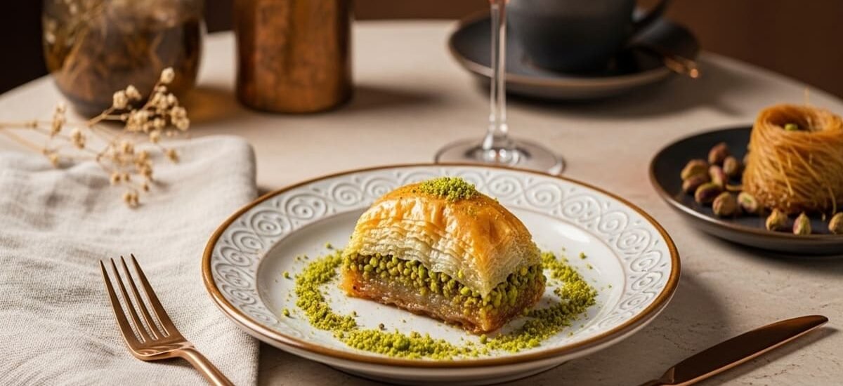 Fatias de baklava tradicional dourada e folhada, servidas com fio de mel e pistaches triturados, em prato de cerâmica artesanal.