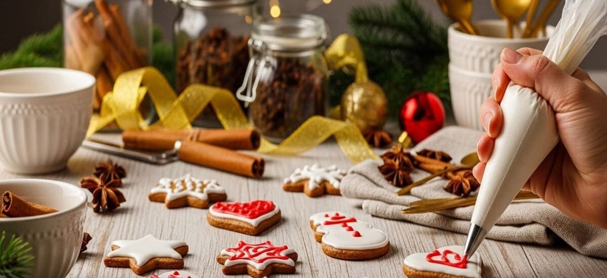 Biscoitos de gengibre natalinos decorados com glacê real branco e colorido, sobre mesa de madeira com fitas e enfeites de Natal.