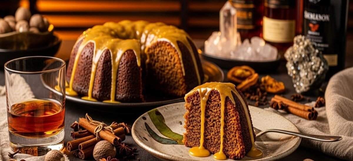 Fatia de bolo de rum jamaicano sobre prato de cerâmica artesanal, regada com calda dourada e rodeada por frutas secas.