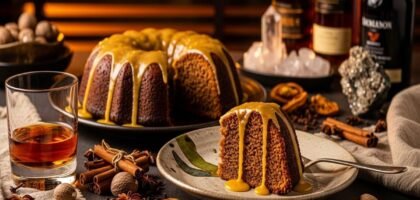 Fatia de bolo de rum jamaicano sobre prato de cerâmica artesanal, regada com calda dourada e rodeada por frutas secas.