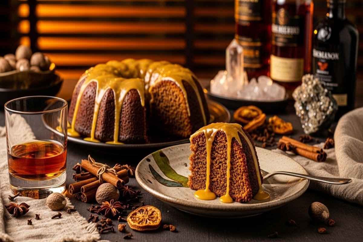 Fatia de bolo de rum jamaicano sobre prato de cerâmica artesanal, regada com calda dourada e rodeada por frutas secas.