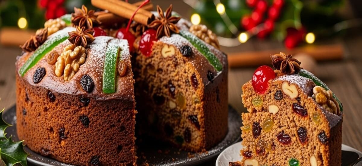 Fatia de bolo de Natal clássico com frutas e especiarias, servida sobre prato de porcelana branca com taça de vinho do Porto ao fundo.