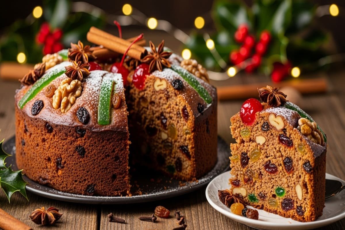 Fatia de bolo de Natal clássico com frutas e especiarias, servida sobre prato de porcelana branca com taça de vinho do Porto ao fundo.