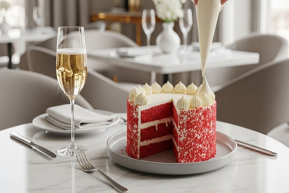 Fatia de bolo Red Velvet com cobertura cremosa de cream cheese e textura úmida