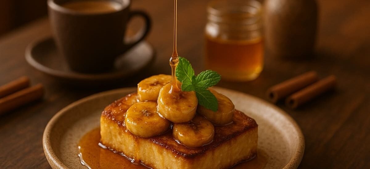 Cartola Nordestina servida quente — camadas de banana caramelizada e queijo coalho grelhado com canela