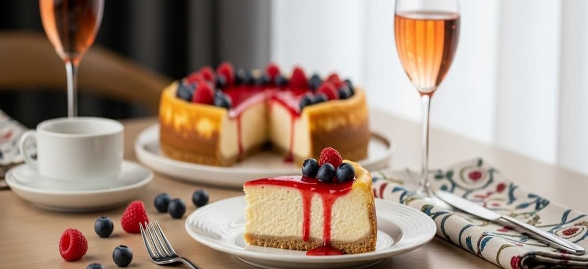 Cheesecake cremoso com calda vermelha e base dourada de biscoito maisena