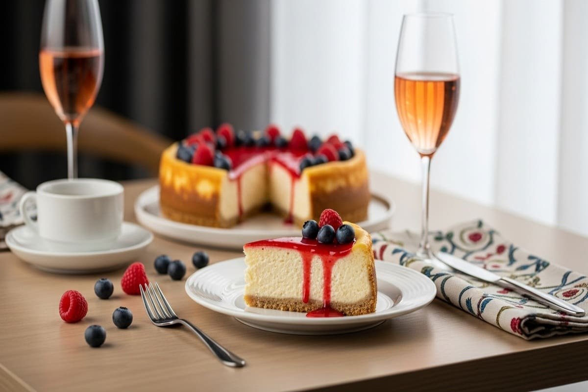 Cheesecake cremoso com calda vermelha e base dourada de biscoito maisena