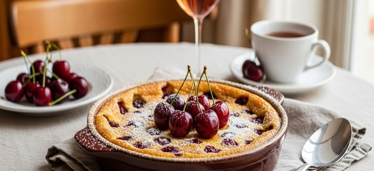 Clafoutis de cerejas frescas servido em prato rústico de cerâmica, polvilhado com açúcar de confeiteiro e cerejas ao redor.