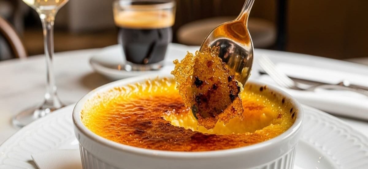 Crème brûlée de baunilha servida em ramequim de porcelana com crosta dourada de açúcar e colheres elegantes ao lado.
