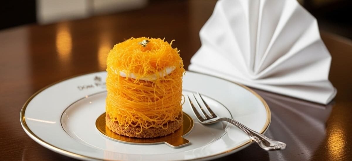 Dom Rodrigo do Algarve tradicional, doce português dourado de gemas e amêndoas, servido em papel vegetal torcido sobre mesa rústica.