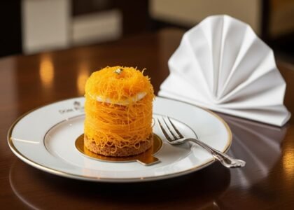 Dom Rodrigo do Algarve tradicional, doce português dourado de gemas e amêndoas, servido em papel vegetal torcido sobre mesa rústica.