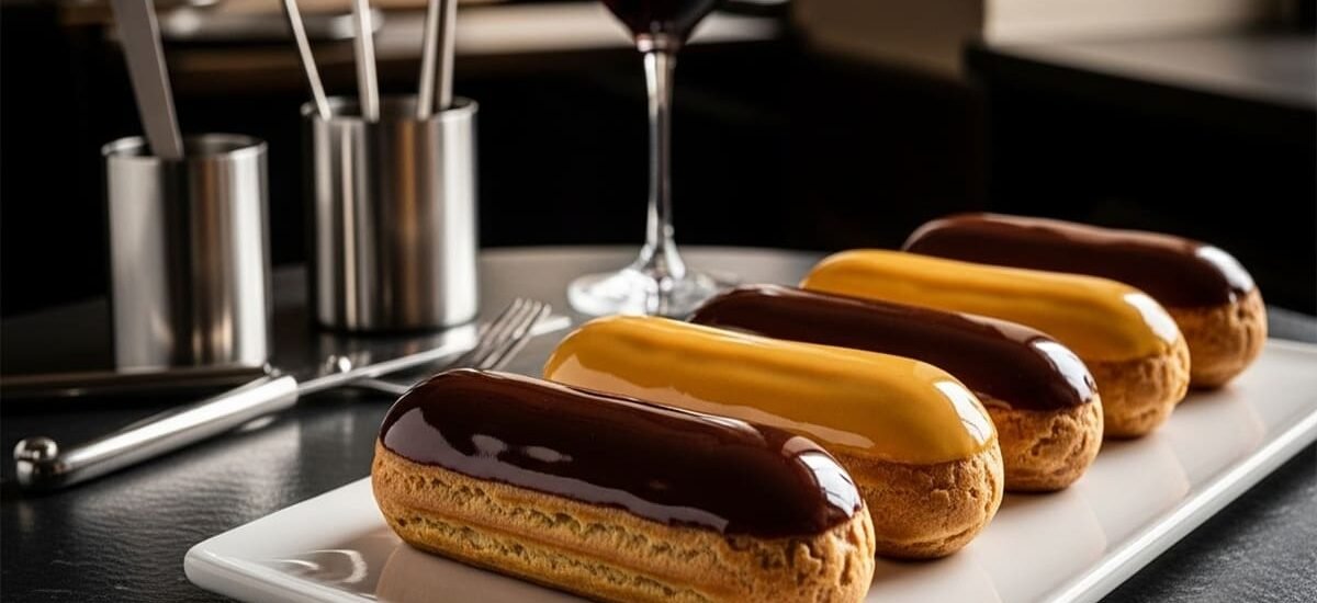 Éclairs de chocolate com cobertura espelhada, dispostos sobre prato de porcelana, com textura aveludada e brilho gourmet.