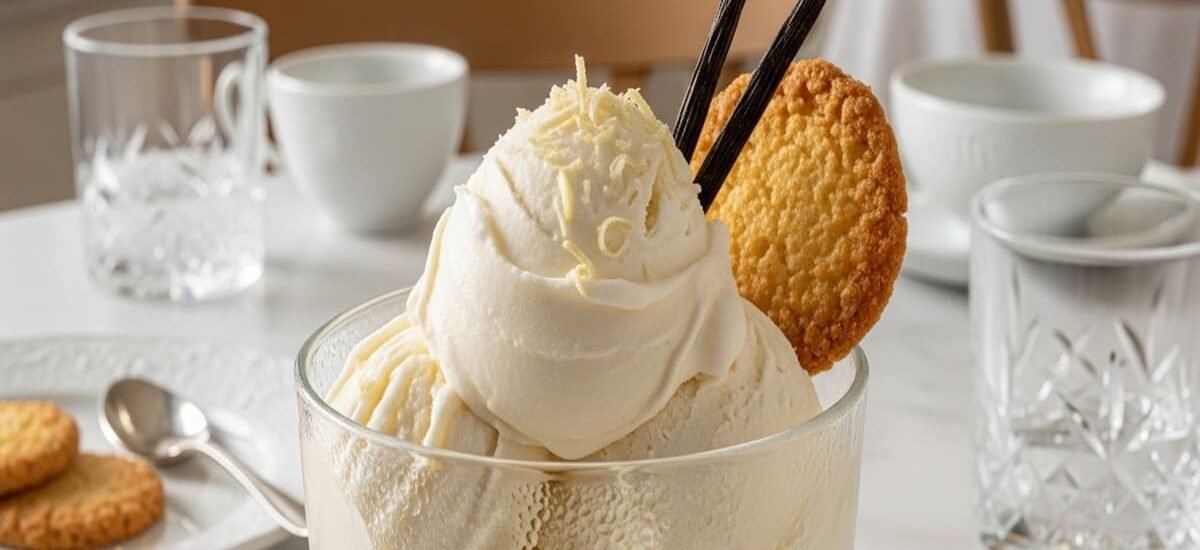 gelato artesanal de baunilha italiano servido em taça de cristal com fava de baunilha e flor de sal