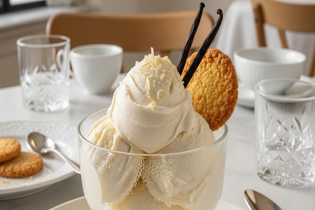gelato artesanal de baunilha italiano servido em taça de cristal com fava de baunilha e flor de sal