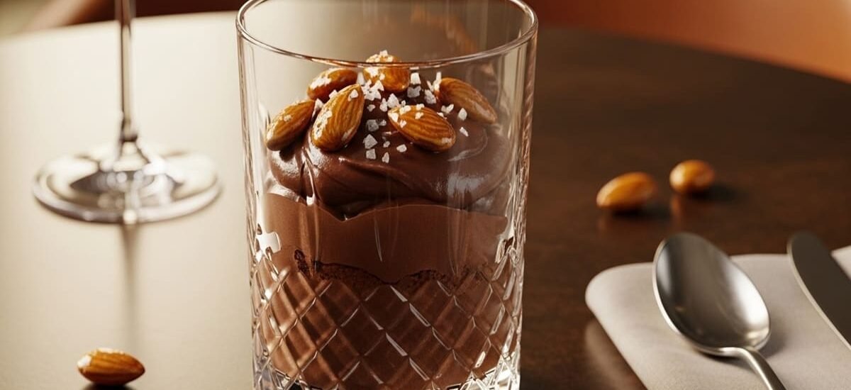 Mousse de chocolate belga com amêndoas salgadas douradas no topo, servida em taça de cristal — sobremesa gourmet de confeitaria.
