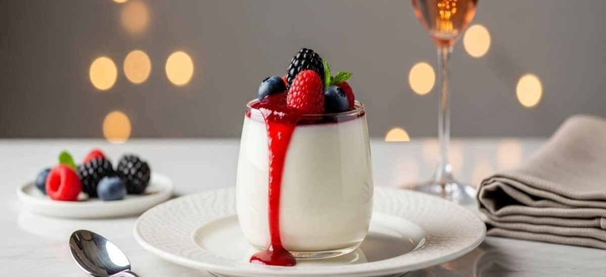 Taça de panna cotta cremosa com calda artesanal de frutas vermelhas frescas, servida em restaurante gourmet.