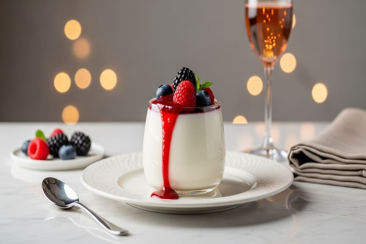 Taça de panna cotta cremosa com calda artesanal de frutas vermelhas frescas, servida em restaurante gourmet.