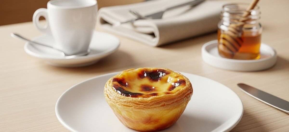 Pastel de nata português dourado servido em porcelana branca com mel cítrico