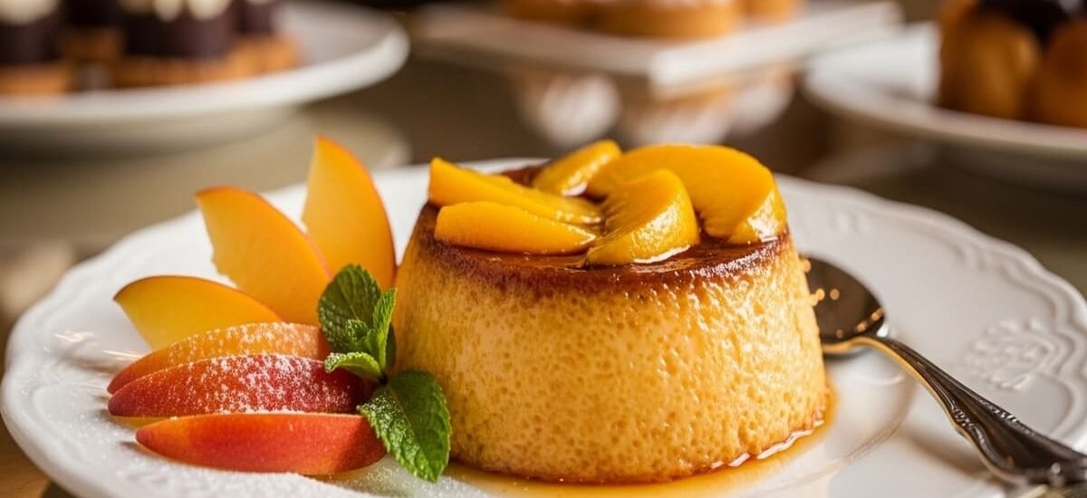 Pudim Abade de Pêssego coberto por calda dourada, servido em prato de porcelana, fotografia de sobremesa gourmet portuguesa.