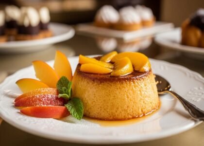 Pudim Abade de Pêssego coberto por calda dourada, servido em prato de porcelana, fotografia de sobremesa gourmet portuguesa.