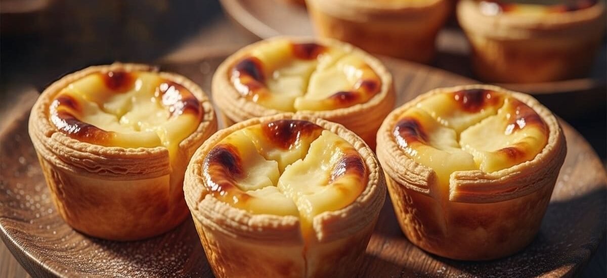 Queijadas de Sintra douradas, servidas em prato de porcelana com açúcar e canela – doces portugueses artesanais