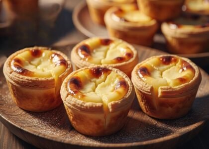Queijadas de Sintra douradas, servidas em prato de porcelana com açúcar e canela – doces portugueses artesanais
