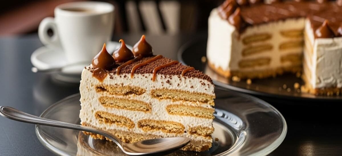 fatia de chocotorta argentina com camadas de biscoito de chocolate, doce de leite e creme de queijo