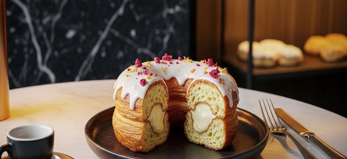 Cronut folhado e recheado com creme de baunilha e glacê de frutas vermelhas, servido em mesa de confeitaria elegante.