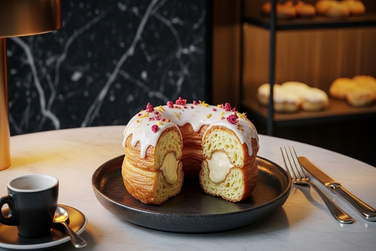 Cronut folhado e recheado com creme de baunilha e glacê de frutas vermelhas, servido em mesa de confeitaria elegante.