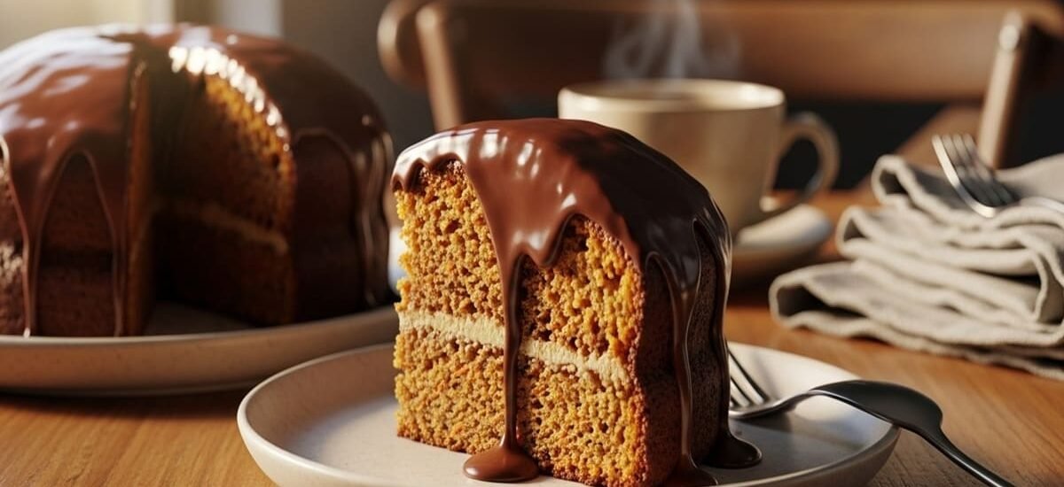 Fatia de bolo de cenoura caseiro com cobertura cremosa de chocolate derretido, servida sobre prato de cerâmica.