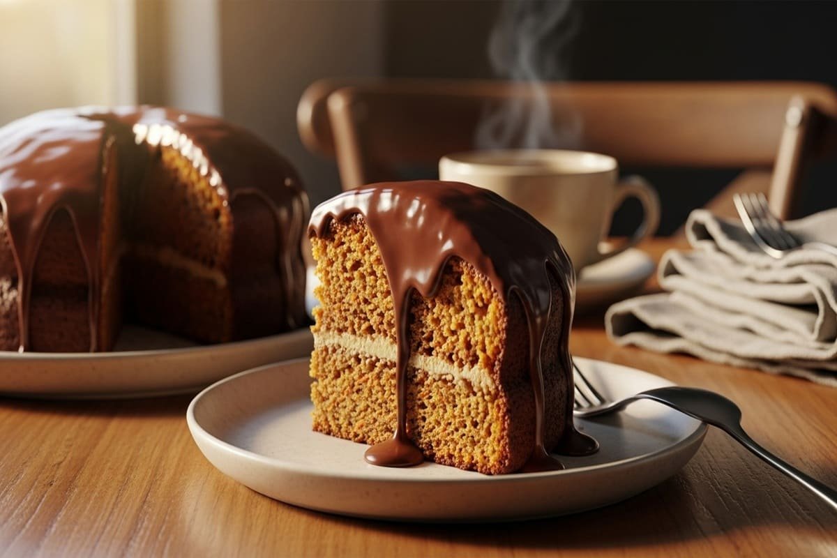 Fatia de bolo de cenoura caseiro com cobertura cremosa de chocolate derretido, servida sobre prato de cerâmica.