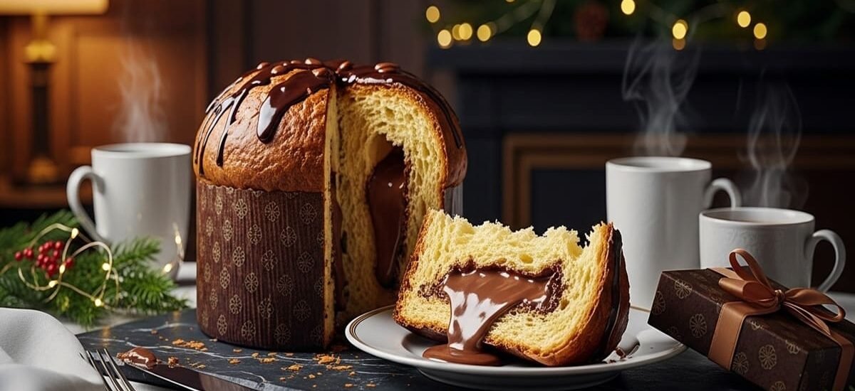 Fatia de panetone recheado com brigadeiro gourmet cremoso, servido em prato rústico de Natal.