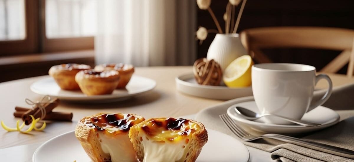 Fatia ou unidade de pastel de nata com topo caramelizado e borda folhada, servida ao lado de uma xícara de café.
