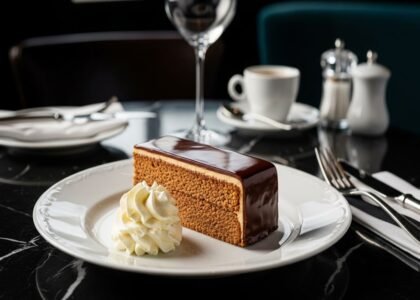 Fatia de Sachertorte com cobertura de chocolate espelhado e recheio de geleia de damasco — servida com chantilly em prato de porcelana.