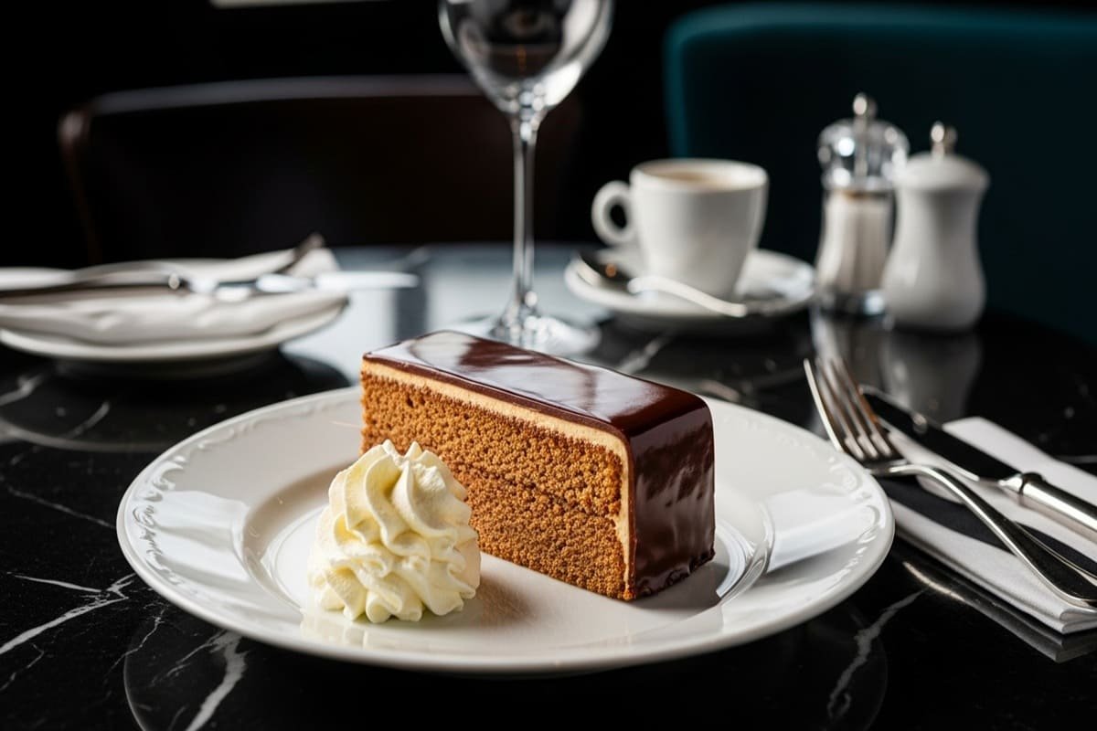 Fatia de Sachertorte com cobertura de chocolate espelhado e recheio de geleia de damasco — servida com chantilly em prato de porcelana.