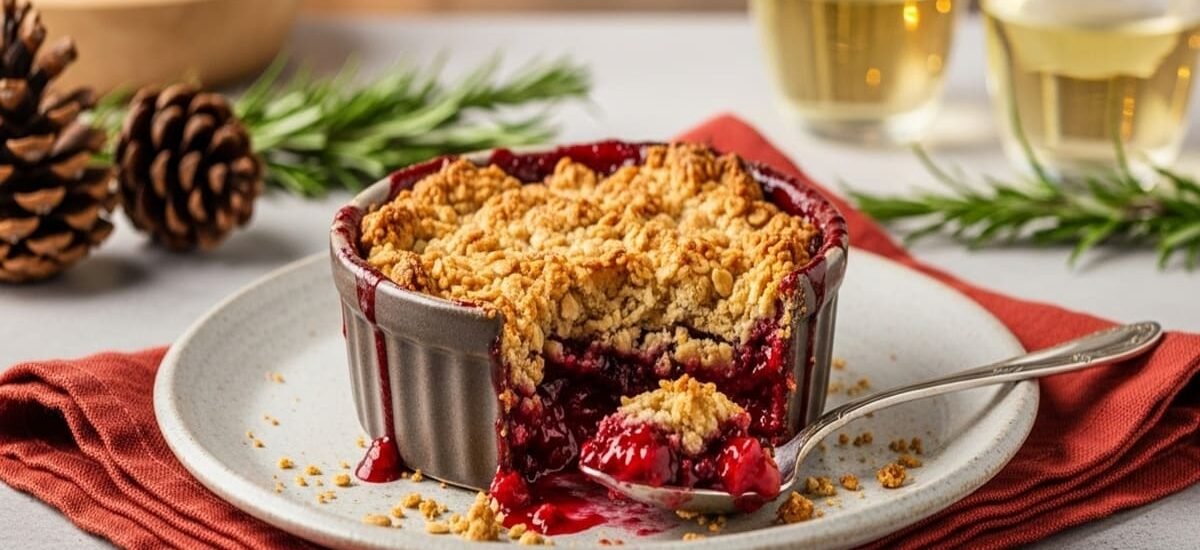 Crumble natalino de frutas vermelhas com aveia e amêndoas servido em ramequim dourado