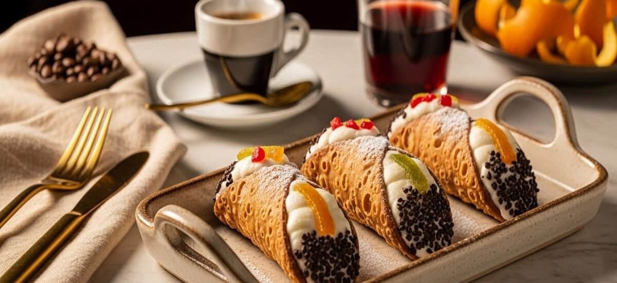 Cannoli Sicilianos crocantes recheados com creme de ricota doce e frutas cristalizadas, servidos em prato de cerâmica italiana.