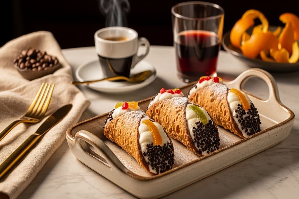 Cannoli Sicilianos crocantes recheados com creme de ricota doce e frutas cristalizadas, servidos em prato de cerâmica italiana.