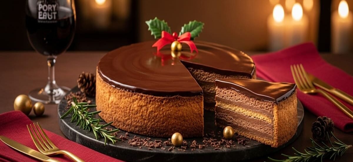 Torta holandesa de chocolate com base crocante, cobertura espelhada e decoração natalina com raspas e confeitos