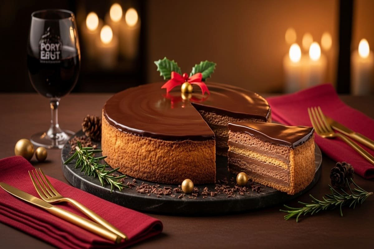 Torta holandesa de chocolate com base crocante, cobertura espelhada e decoração natalina com raspas e confeitos